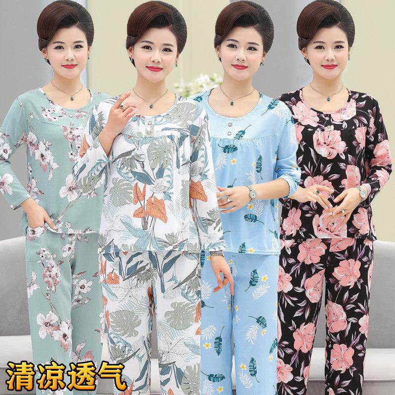 中老年绵绸睡衣女夏季薄款家居服 简约风人造棉两件套设计 中长袖