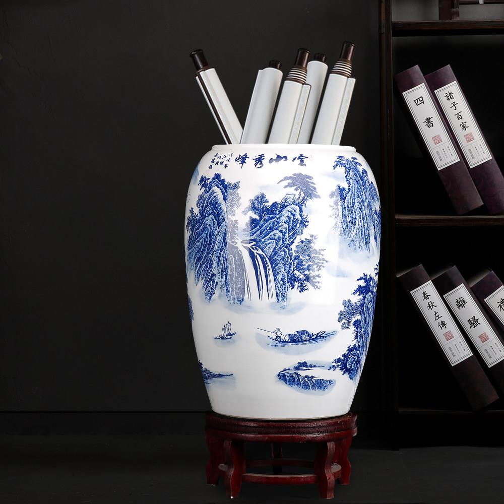 景德镇陶瓷手绘书画缸卷轴字画收纳桶客厅书房插花装饰大花瓶摆件