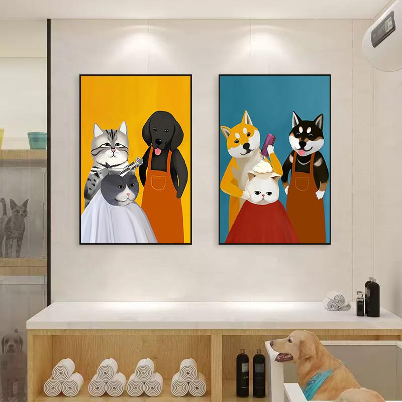宠物店恶搞挂画会理发的小猫小狗装饰画动物美容院沙发墙趣味壁画