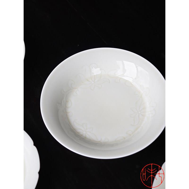 七味原创萱草青白瓷刻花折腰盘壶承影青瓷纯手工陶瓷茶盘茶具圆形