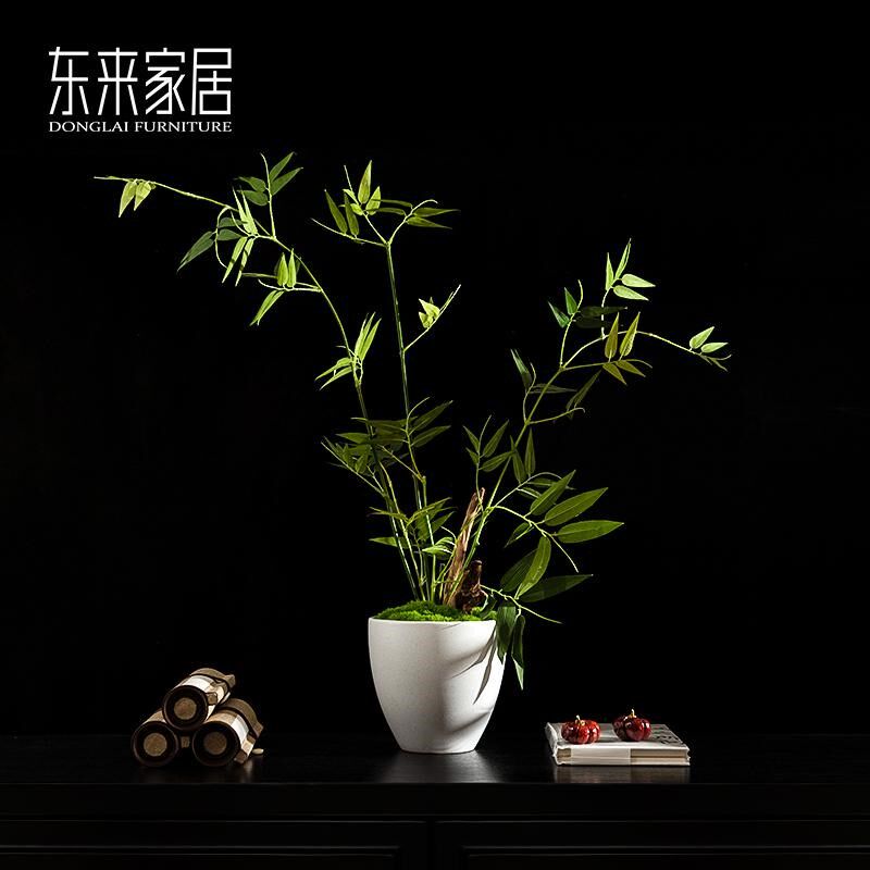 创意中式仿真绿植摆件白色陶瓷花器竹子插花展厅家具角几边几摆花