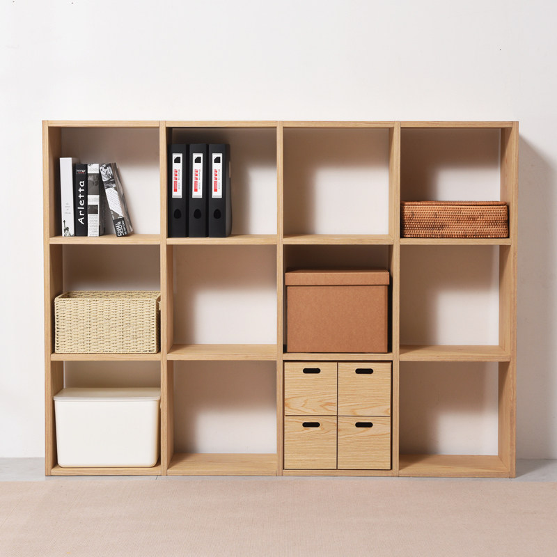 日式简约落地置物架自由组合儿童书柜实木收纳格子柜办公隔断书架