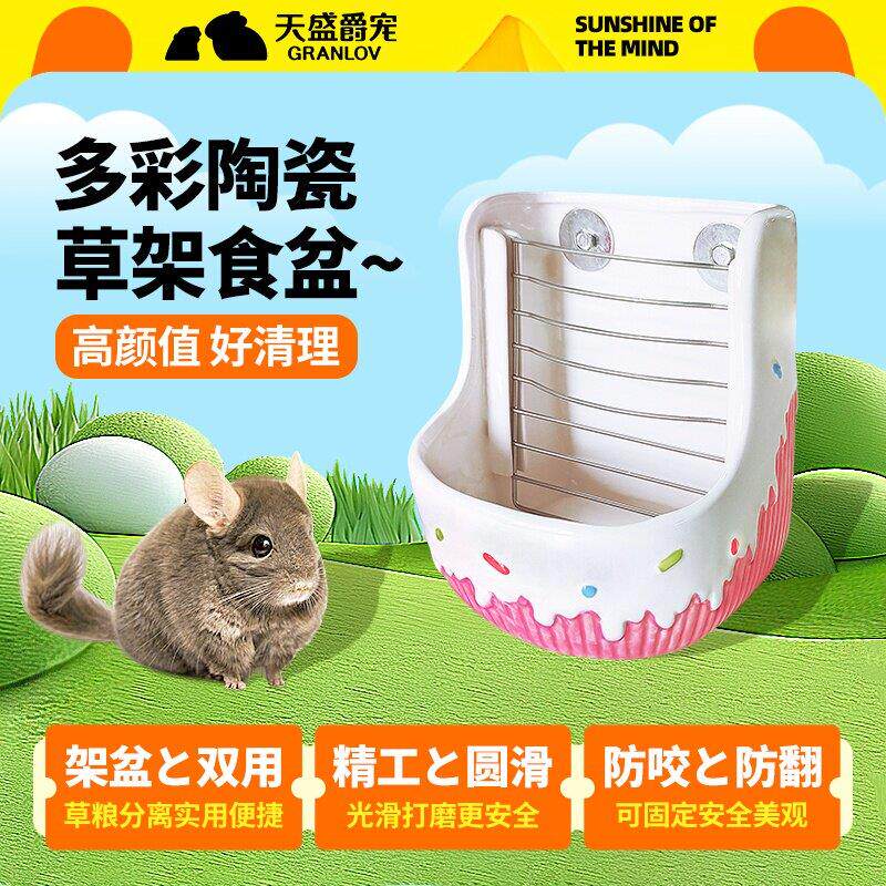 彩色陶瓷草架食盆悬挂固定龙猫荷兰猪兔子防打翻多功能宠物饭碗碗