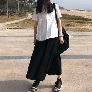 百思朵暗黑系白色短袖衬衫上衣配黑色半身裙长裙子两件套搭配套装