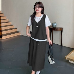 大码女装200斤胖mm夏季宽松显瘦时髦休闲假两件T恤半身裙两件套装