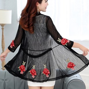 母亲节妈妈外套开衫防晒衣中老年女装夏季网纱外搭中长款大码披肩