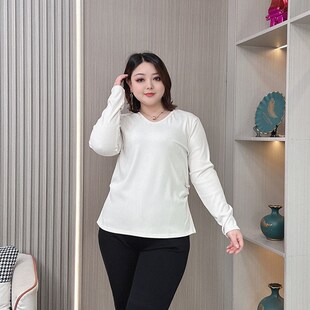 春季新款V领褶皱打底衫女大码胖mm宽松显瘦休闲时尚长袖上衣T恤女