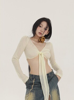 PEMPL黄色半透针织绑带开衫春季V领薄款针织衫修身显瘦短款上衣潮