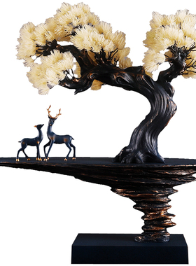 迎客松新中式摆件客厅玄关办公室酒店大堂装饰品摆设松树下情侣鹿