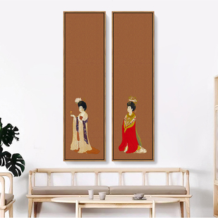 簪花仕女图挂画唐代古风美女装饰画新中式客厅四条屏餐厅茶室壁画