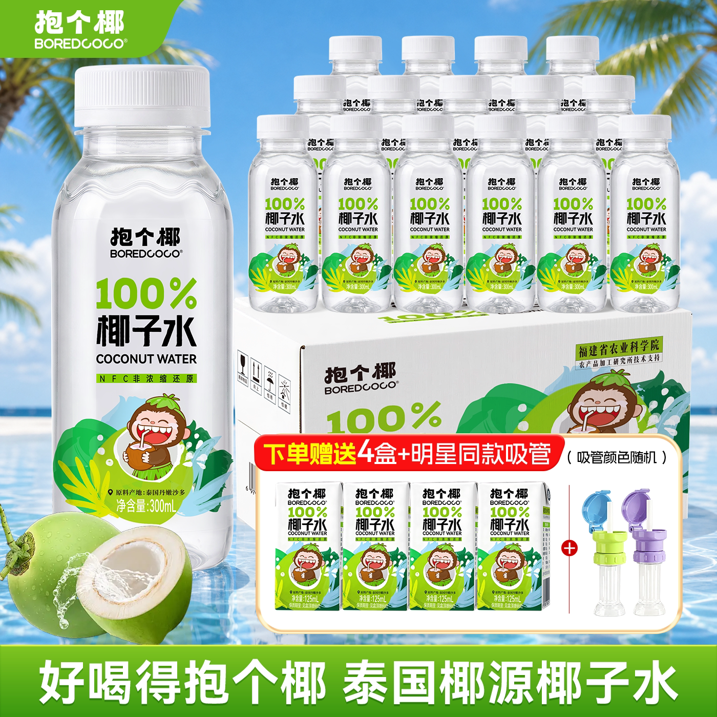 椰子水300ml整箱赠4盒+明星吸管