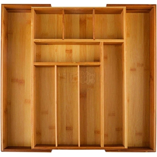 竹制厨房餐具收纳盒 可伸缩多格抽屉刀盒 多功能储物收纳