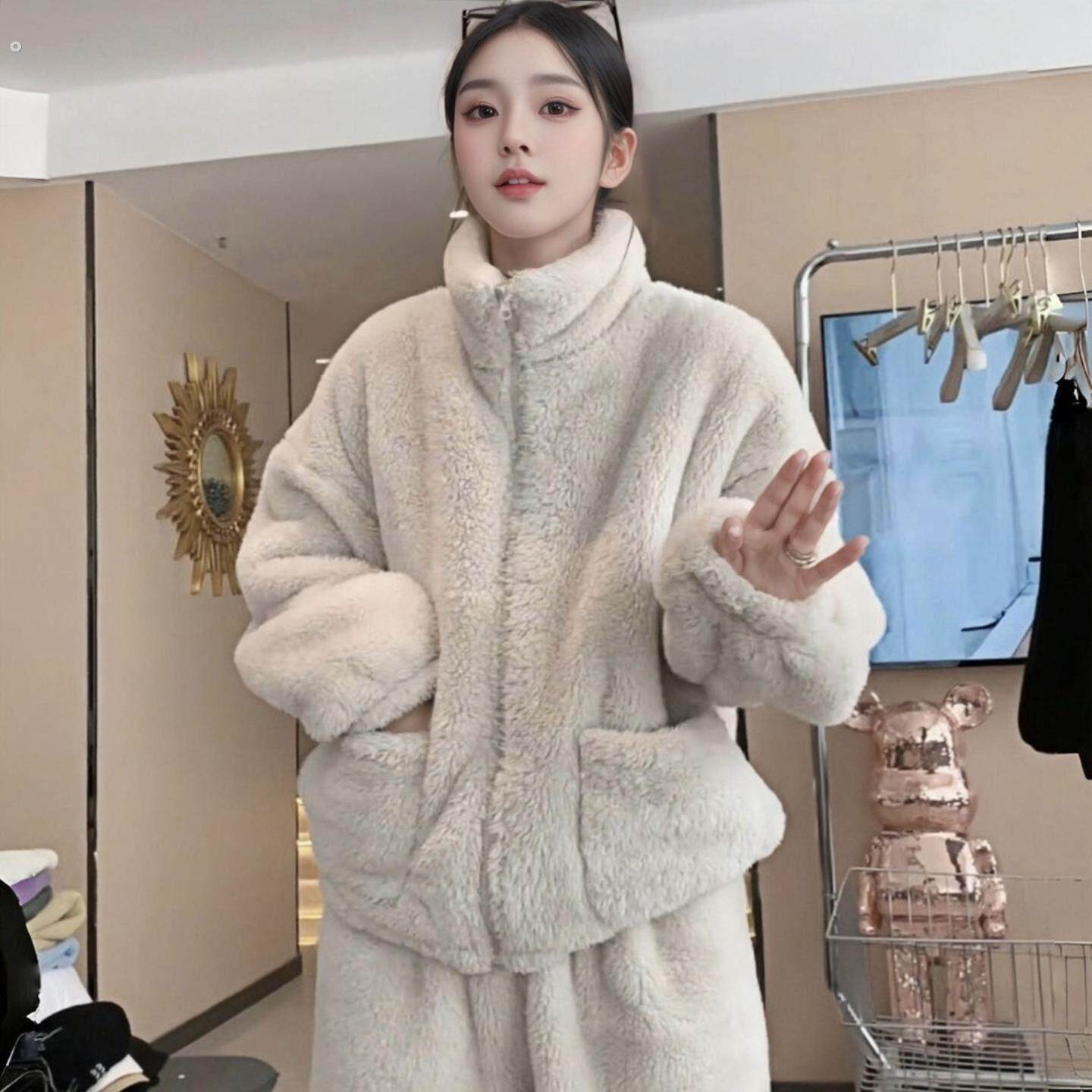 2025冬季新款立领加绒加厚居家服两件套发热衣裤韩版纯色宽松睡衣