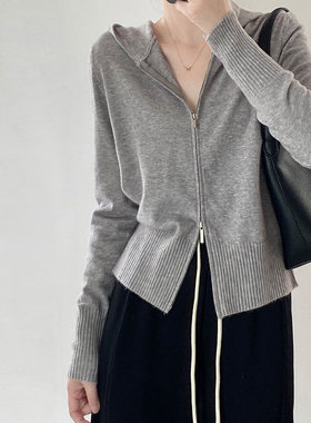 双拉链连帽针织衫女开衫外套秋装2025年新款内搭打底帽衫灰色卫衣