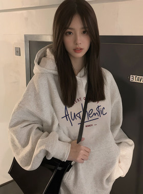 灰色加绒加厚连帽卫衣女外套秋冬季2025新款爆款美式长袖宽松上衣