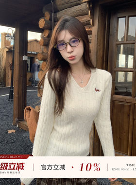 morning bloom刺绣v领麻花针织衫女秋季新款打底内搭毛衣长袖上衣