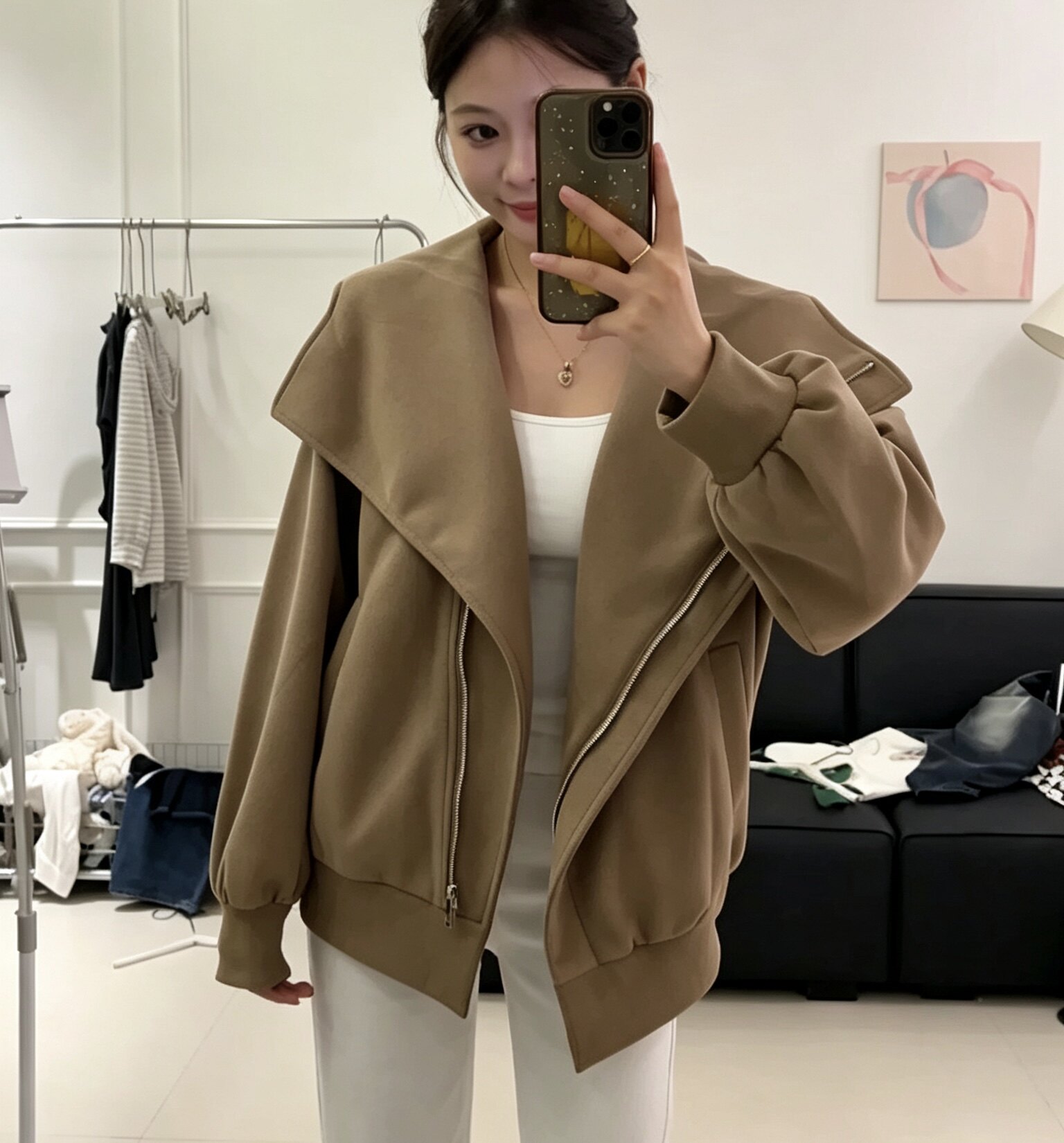 韩系大翻领斜拉链连帽卫衣外套女
