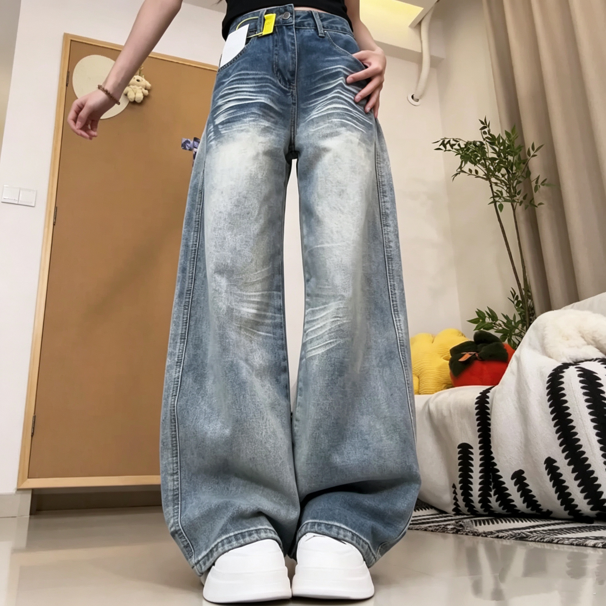 春秋复古水洗弯刀牛仔裤阔腿裤女