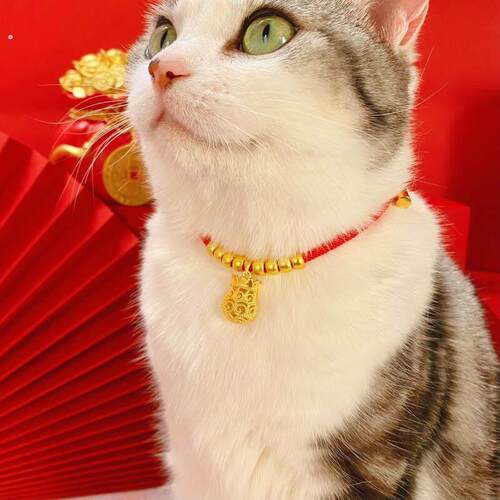 宠物平安锁可爱喜庆猫咪长命锁铃铛项圈新年红绳加长编织狗狗项链