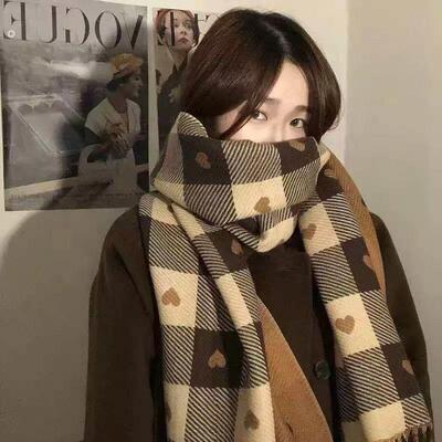 2025新款爆款羊绒围巾女爱心格子加厚保暖秋冬季办公室空调披肩