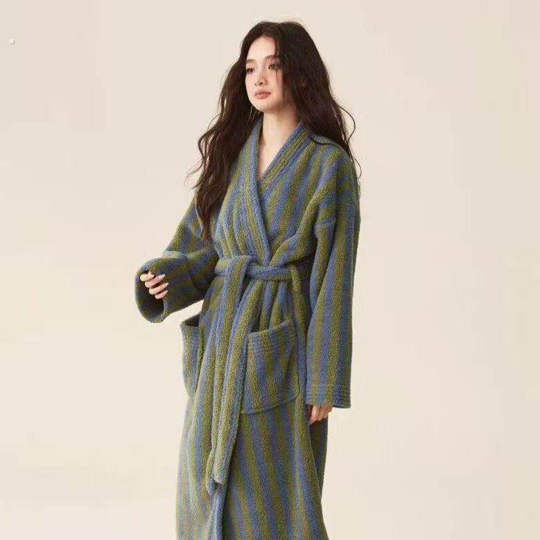 秋冬季保暖加厚新款加绒女浴袍柔软情侣睡袍珊瑚绒加长款男款睡衣