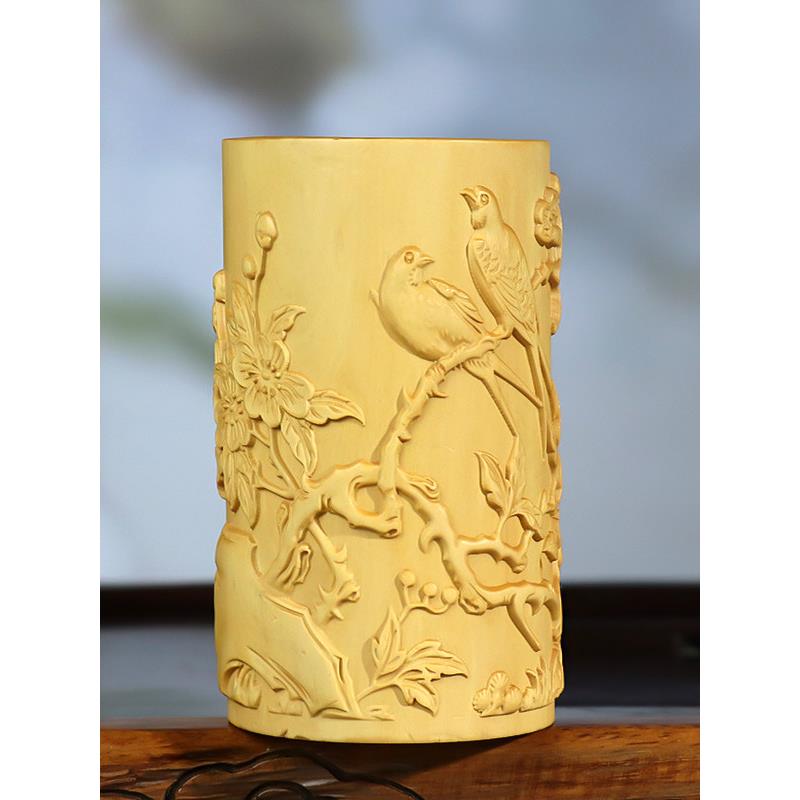小叶黄杨木雕刻鸟语花香笔筒家居饰品办公书桌工艺品中式文玩摆件