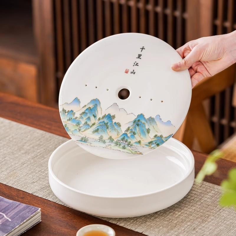 中式陶瓷白瓷茶盘圆形储接水盘办公室茶托茶海茶具沥水干泡台