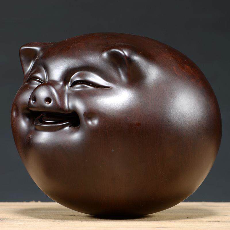 黑檀木雕招财猪摆件笑面猪福猪实木雕刻生肖猪摆件客厅工艺礼品摆