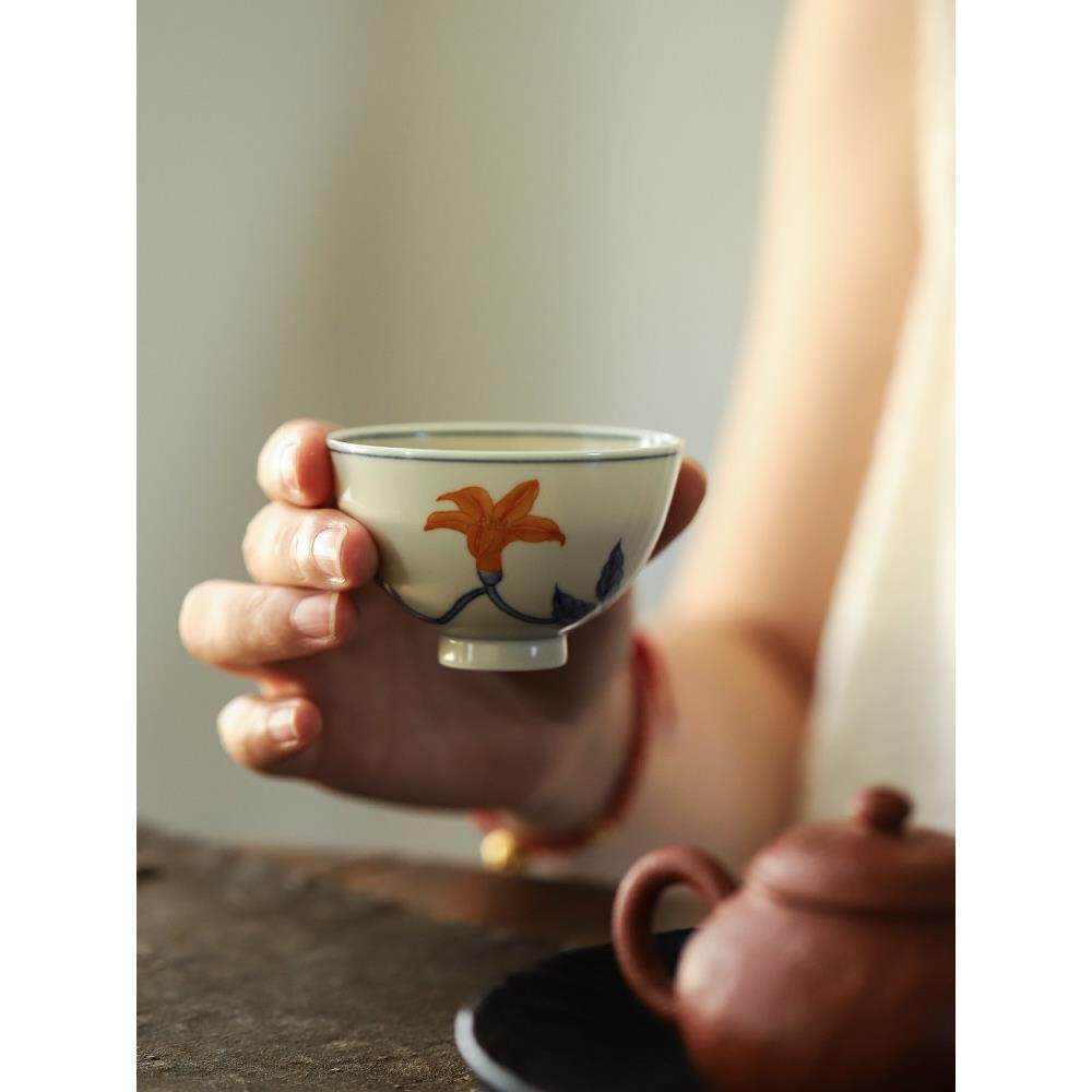 景德镇青花斗彩栀子花主人杯覆古手绘高温陶瓷品茗杯单杯斗笠茶杯