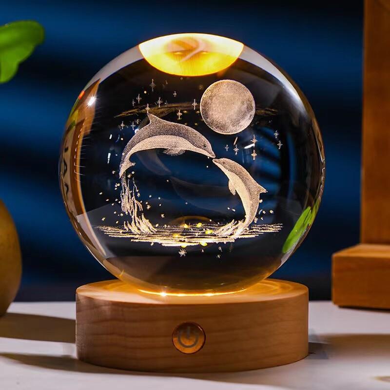 充电款水晶球10CM大号实心3D鲸鱼摆件云朵海豚麋鹿高级感小夜灯