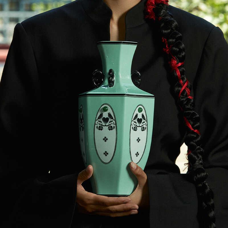 观园吉东方青瓷原创新中式六角陶瓷花瓶摆件青花瓷中式中秋节礼物