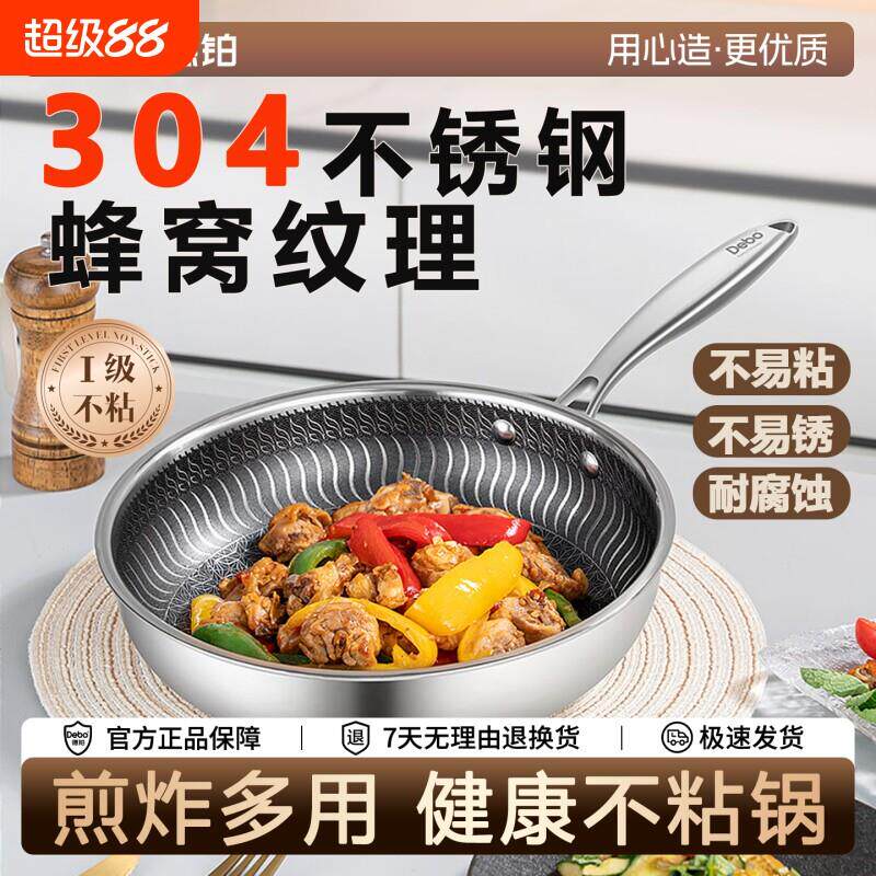 德铂304不锈钢平底锅不沾锅家用煎锅早餐煎蛋饼煎牛排锅蜂窝纹理