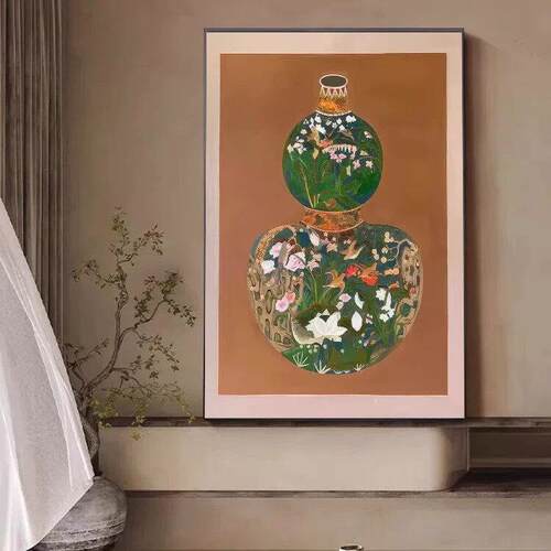 中古葫芦花瓶玄关挂画复古怀旧客厅装饰画入户玄关挂画新中式壁画