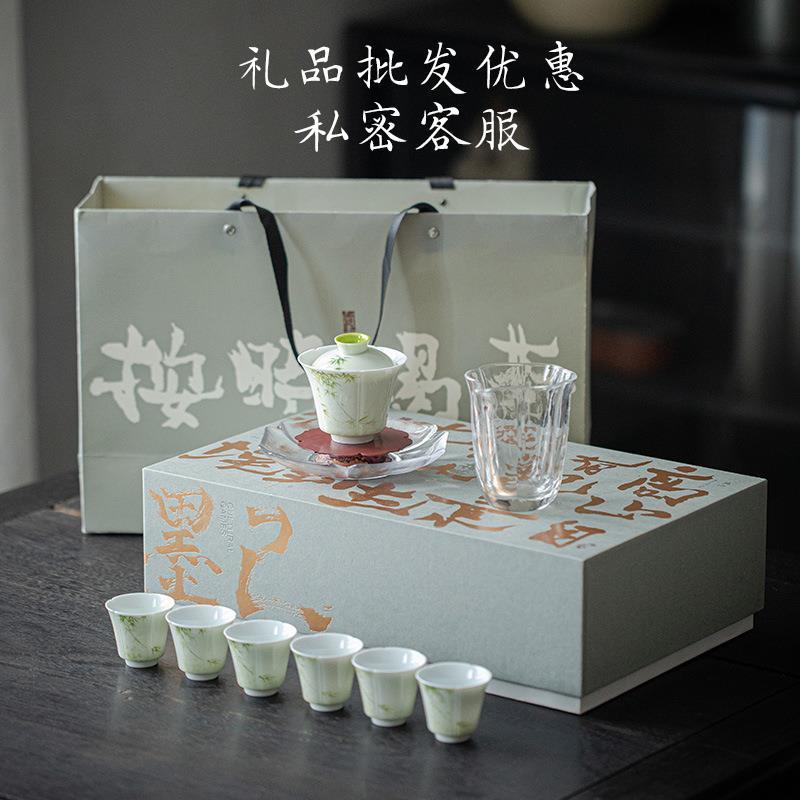 景德镇釉下彩纯手绘竹子功夫茶具套装花瓣盖碗品茗杯壶承整套礼品