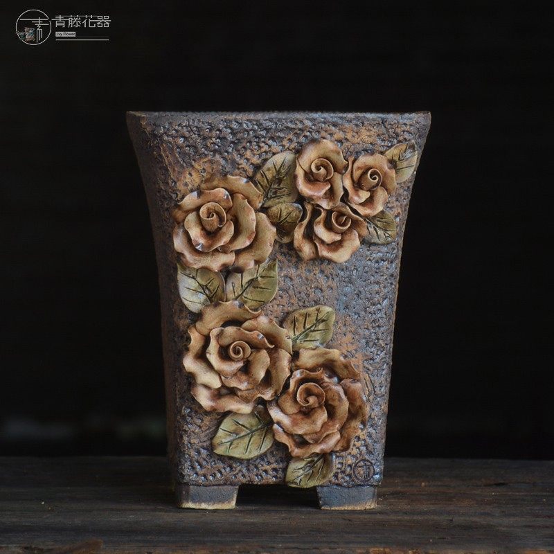 青藤花器复古手工韩式法师缀化粗陶透气多肉老桩悬崖高花盆大方口,鲜花速递/花卉仿真/绿植园艺,花盆,淘宝优惠券,粉丝福利购,淘宝优惠卷