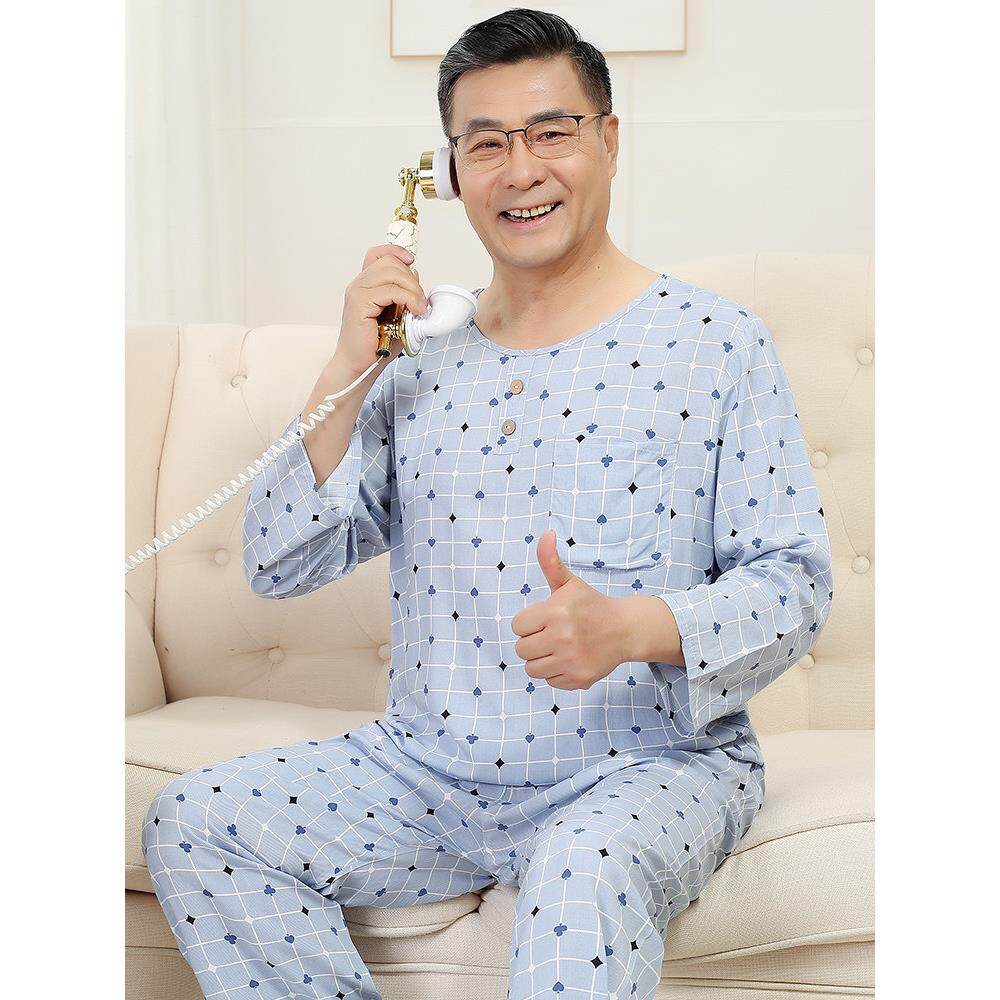 夏季中老年家居服男士棉绸睡衣裤套组爸爸中年人造棉老人长袖长裤