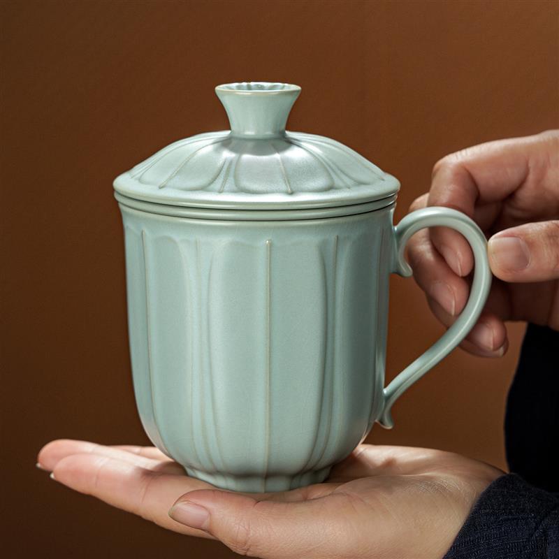 汝窑办公杯陶瓷茶杯功夫茶过滤带盖泡茶水杯大容量景德镇青瓷礼品