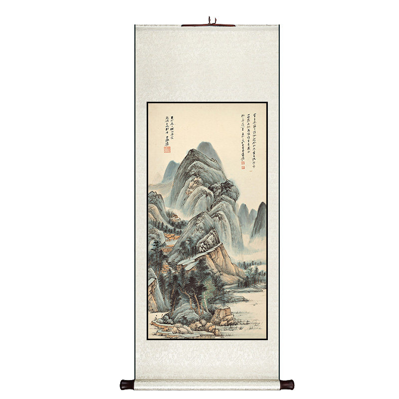 张大千山水画新中式卷轴挂画竖版玄关过道装饰画客厅餐厅书房壁画
