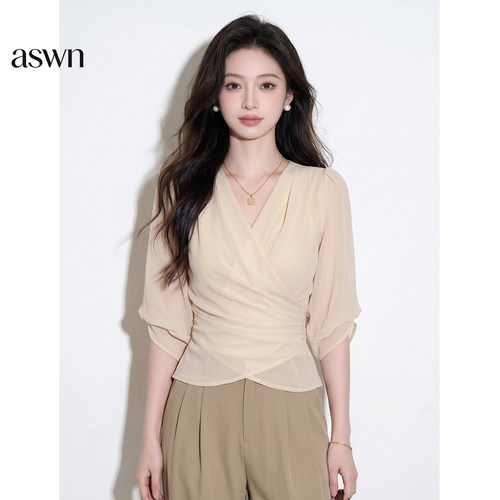 aswn夏款2026法式柔雅都市风雪纺衬衫女士收腰显瘦巨好看V领上衣