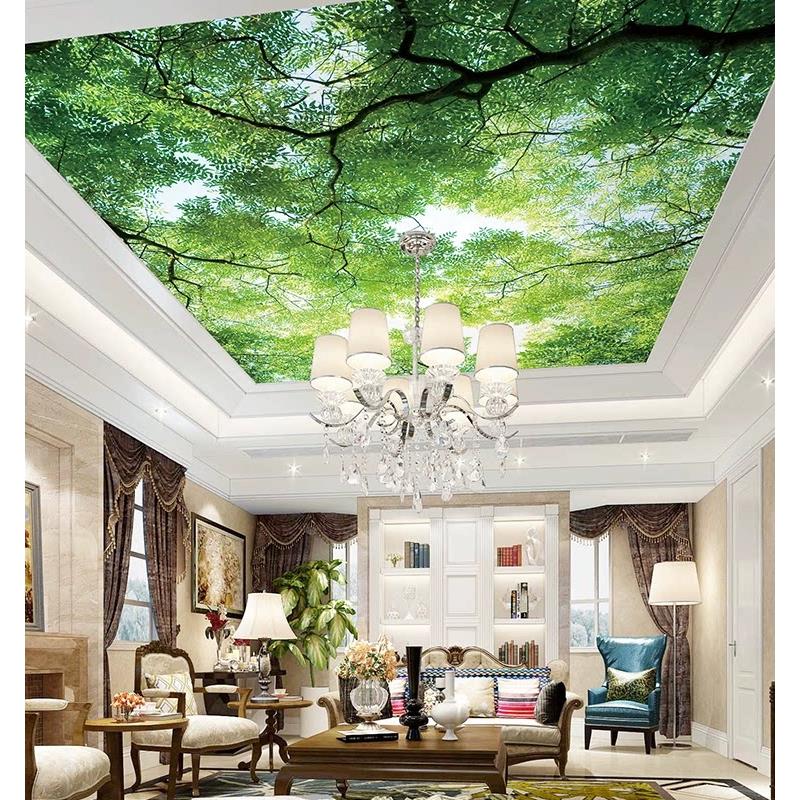 3d蓝天白云贴画天花板吊顶天空壁纸棚顶树林空间延伸自粘壁画墙纸