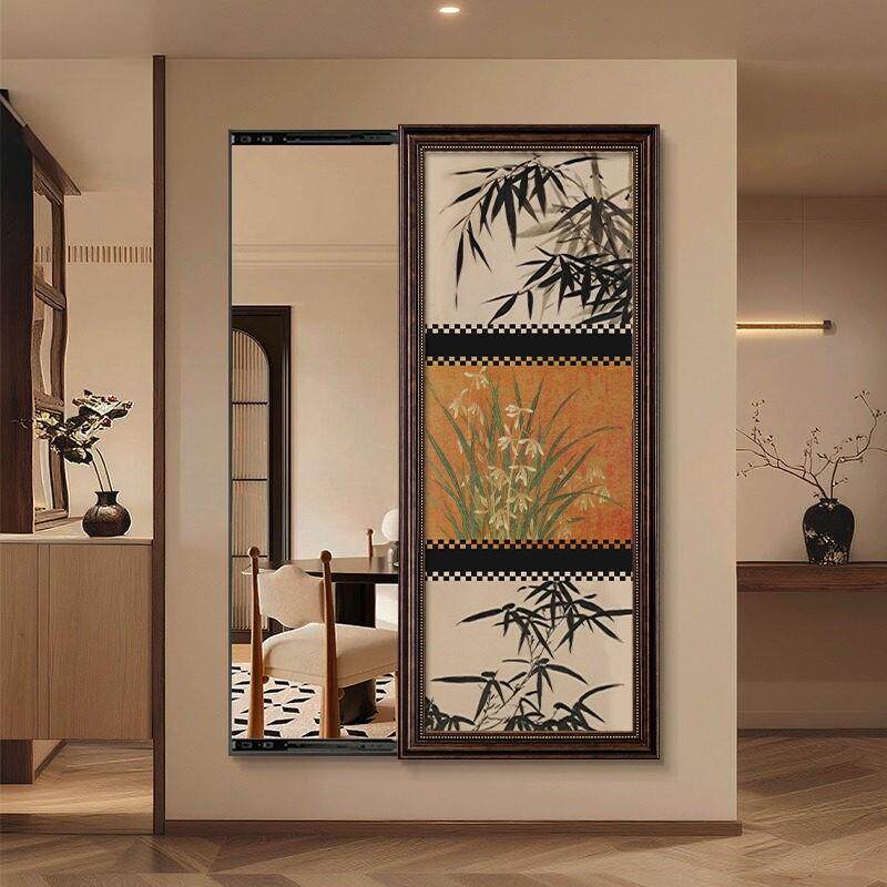 复古南洋风隐藏可关闭推拉镜子装饰画中古暗藏式全身镜穿衣镜挂画