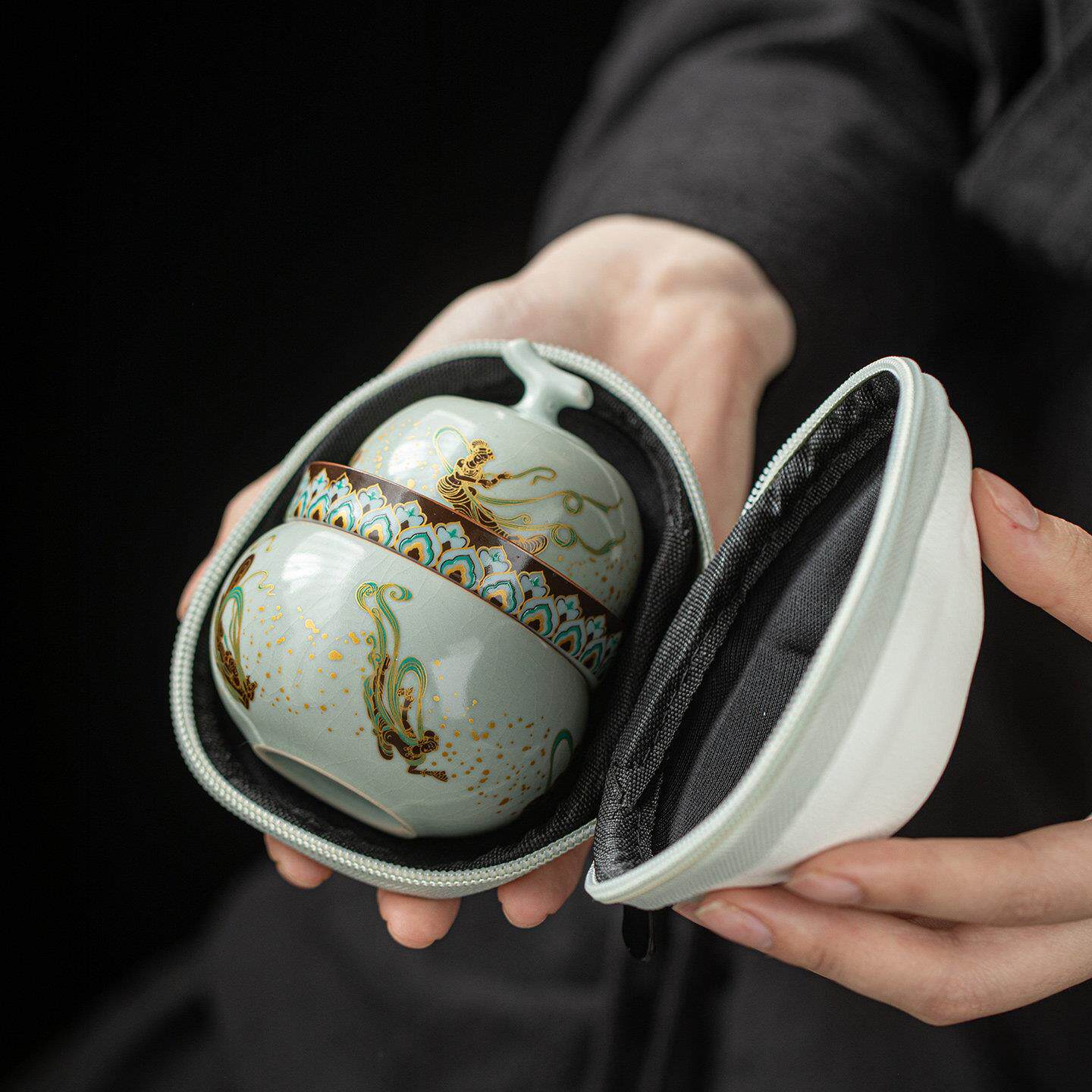 敦煌飞天汝窑旅行茶具葫芦一壶一杯快客杯便携收纳户外泡茶套装