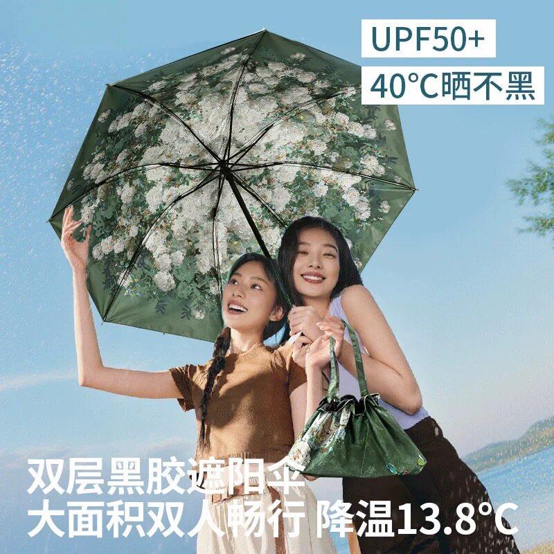 网红爆款双层印花双面黑胶超强防晒女遮阳伞高颜值晴雨两用遮阳伞