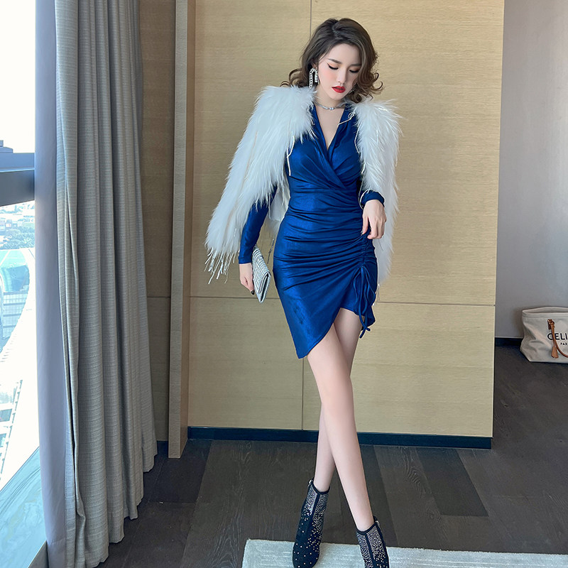 蓝色轻奢连衣裙短款长袖名媛2022新款秋冬气质显瘦又a又飒裙子女,女装/女士精品,连衣裙,淘宝优惠券,粉丝福利购,淘宝优惠卷