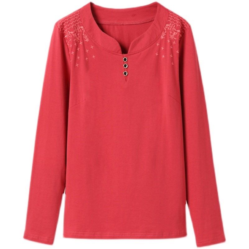 纯棉长袖T恤女2024妈妈春装新款中老年V领绣花上衣外穿洋气打底衫