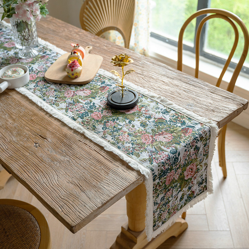 复古油画感流苏桌旗色织提花桌巾植物花卉餐边柜旗美式餐桌布艺,居家布艺,桌旗,淘宝优惠券,粉丝福利购,淘宝优惠卷