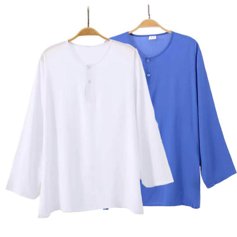 男女士纯色棉绸家居服长袖睡衣上装人造棉圆领套头上衣-两件装