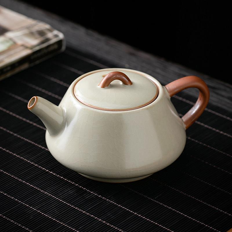 米黄汝窑茶壶单个家用开片可养汝瓷功夫茶具泡茶器陶瓷小号石瓢壶
