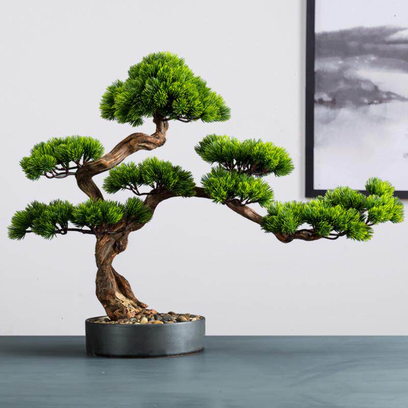 新中式彷真迎客松客厅摆件桌面绿植假树盆景玄关罗汉松软装假松树