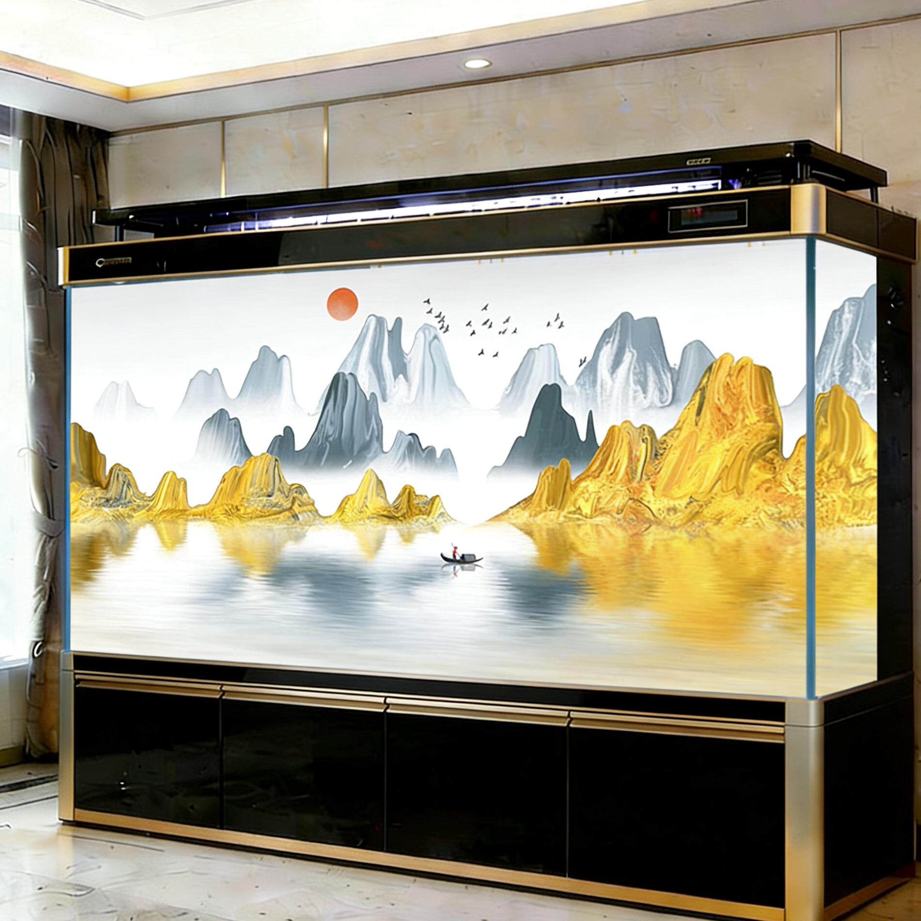 鱼缸背景贴纸水族招财山水画高清图3d立体水墨画红龙缸静电贴pp